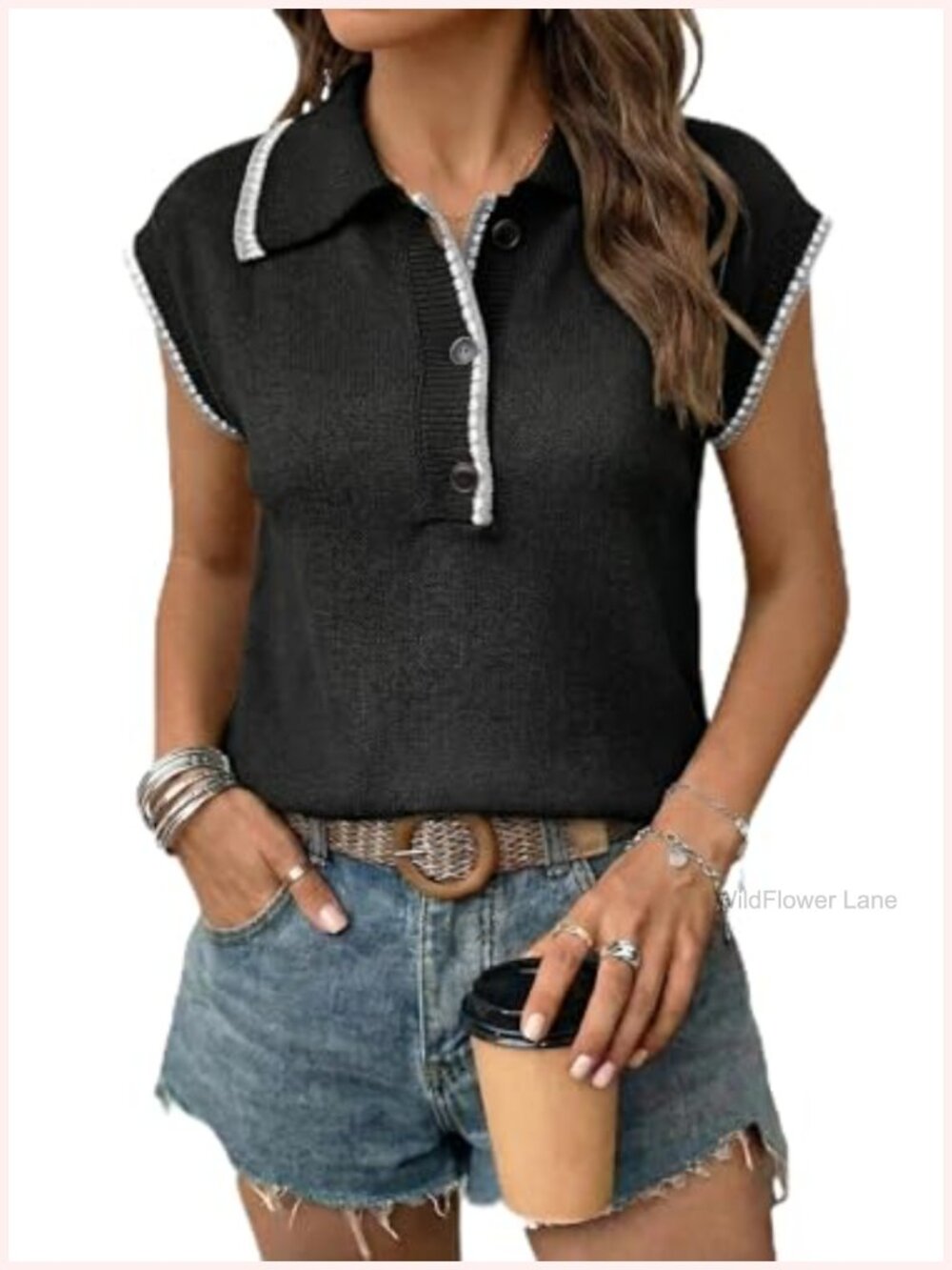 Short Sleeve Ribbed Knit Sweater Vest Button Collar Loose Fit Women